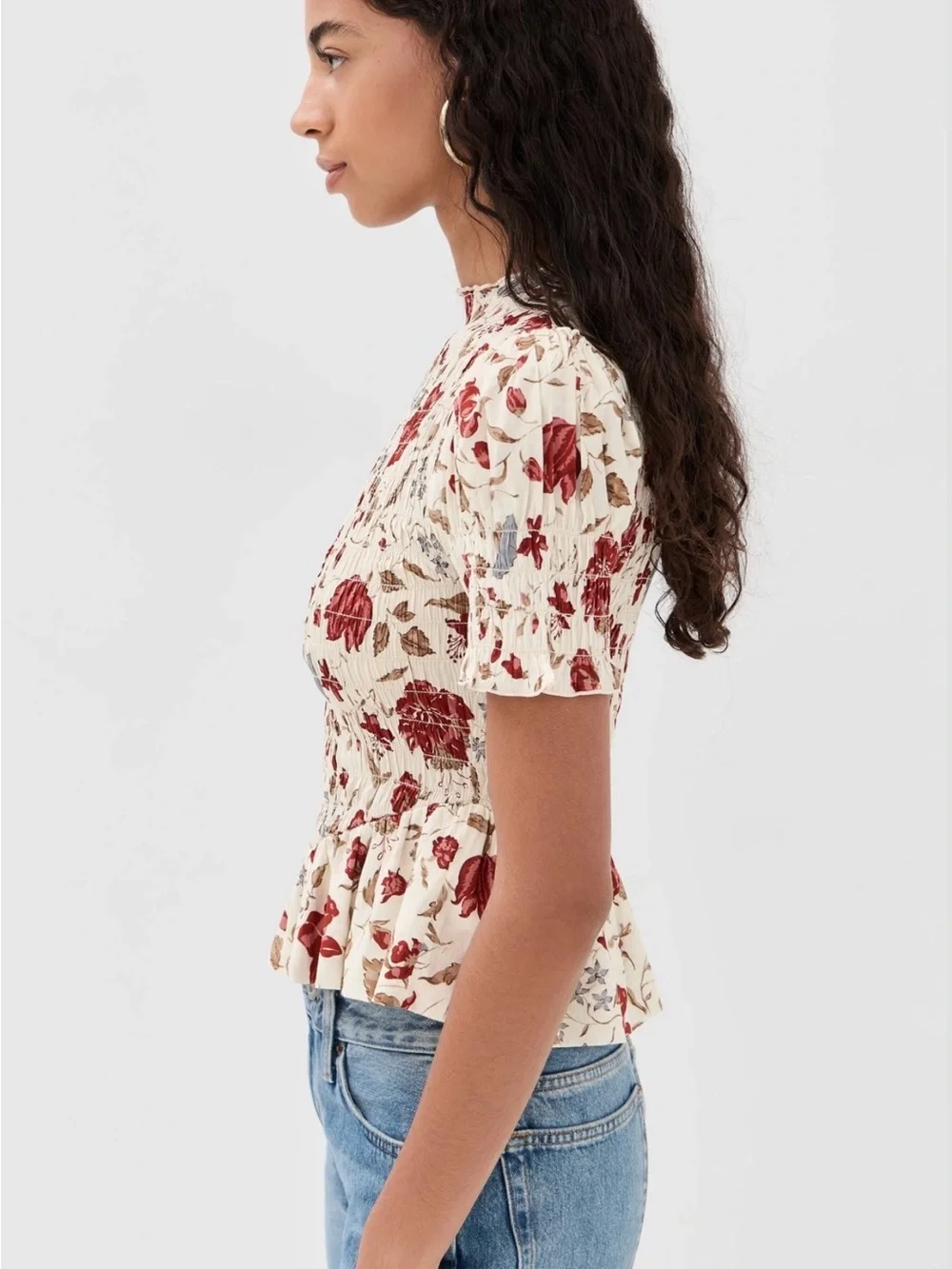 Smocked Peplum Floral Top in Cream and Red